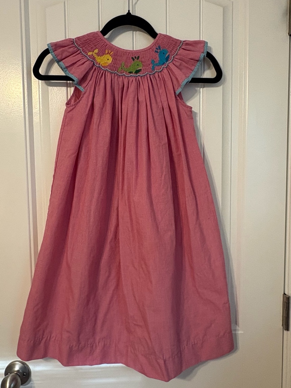 Precious Kids Smocked Whale Dress Girls Size 6X Pink Gingham Flutter Sleeve